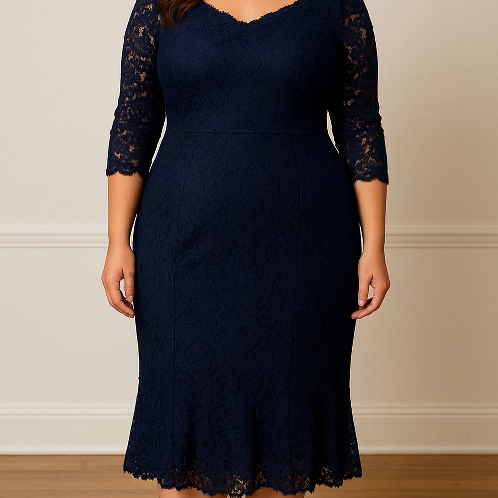 Miusol Dark Navy Blue Lace Midi Dress XL – Elegant 3/4 Sleeve Style (122)